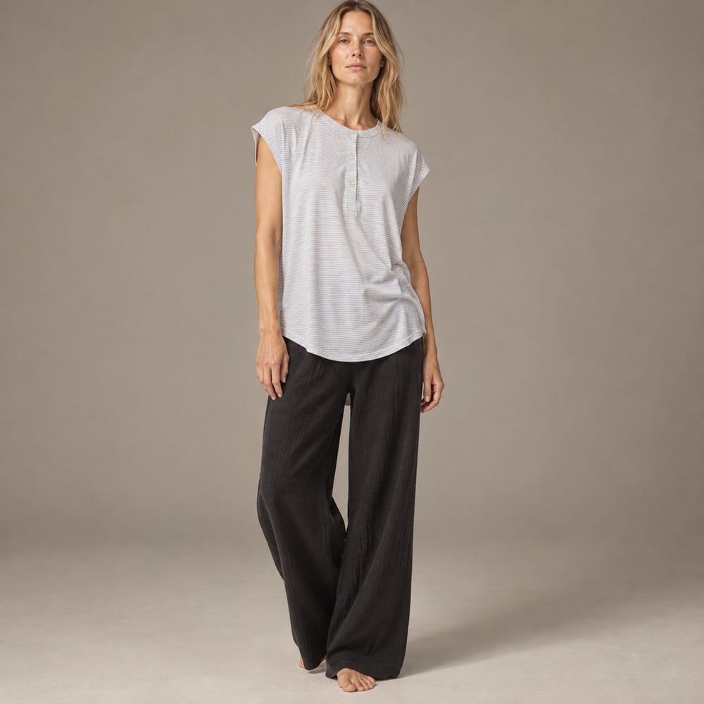 Eileen Fisher Organic Cotton Striped Henley Top Sz M